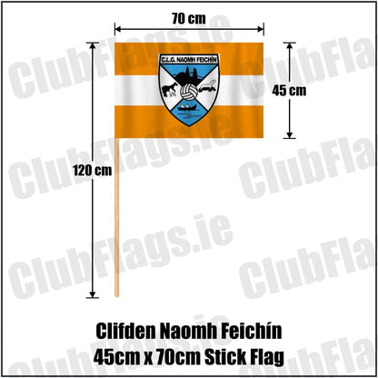 Clifden Naomh Feichín 45cm x 70cm Stick Flag in orange and white, featuring the club crest on realistic fabric with gentle vertical folds; County Galway GAA. ClubFlags.ie.