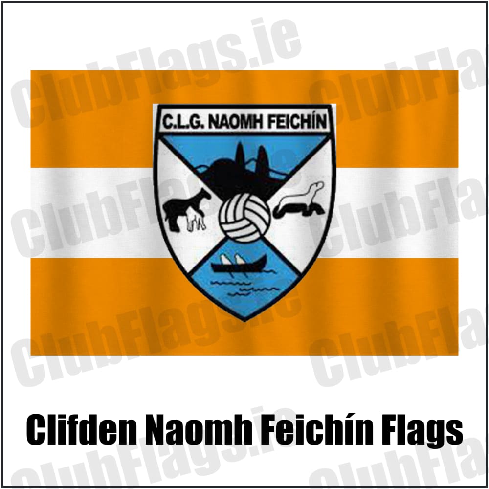 Clifden Naomh Feichín Flags in orange and white, featuring the club crest on realistic fabric with gentle vertical folds; County Galway GAA. ClubFlags.ie.