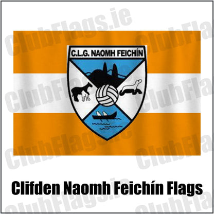 Clifden Naomh Feichín Flags in orange and white, featuring the club crest on realistic fabric with gentle vertical folds; County Galway GAA. ClubFlags.ie.