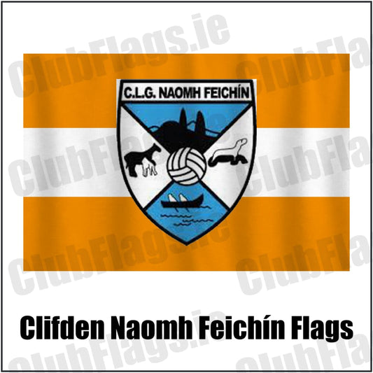 Clifden Naomh Feichín Flags in orange and white, featuring the club crest on realistic fabric with gentle vertical folds; County Galway GAA. ClubFlags.ie.