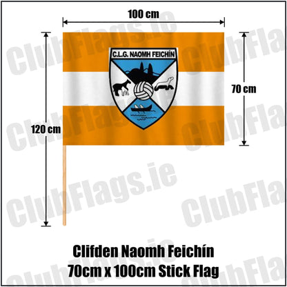Clifden Naomh Feichín 70cm x 100cm Stick Flag in orange and white, featuring the club crest on realistic fabric with gentle vertical folds; County Galway GAA. ClubFlags.ie.