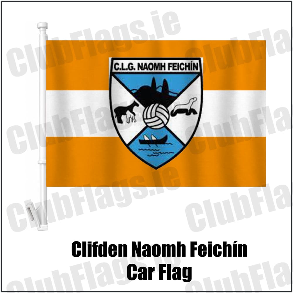 Clifden Naomh Feichín Car Flag in orange and white, featuring the club crest on realistic fabric with gentle vertical folds; County Galway GAA. ClubFlags.ie.