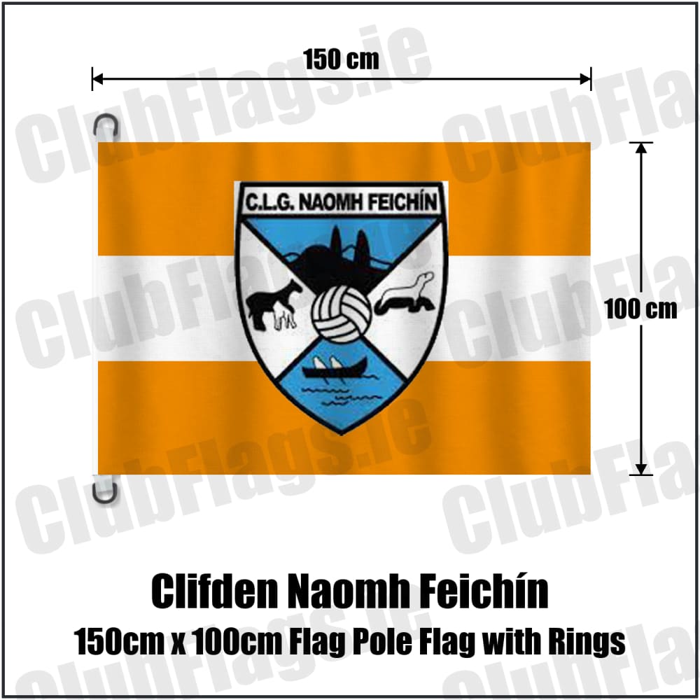 Clifden Naomh Feichín 150cm x 100cm Flag Pole Flag with Rings in orange and white, featuring the club crest on realistic fabric with gentle vertical folds; County Galway GAA. ClubFlags.ie.