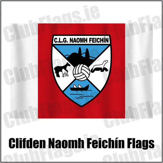 Clifden Naomh Feichín Flags, featuring the club crest and red and white colours; County Galway GAA. ClubFlags.ie.