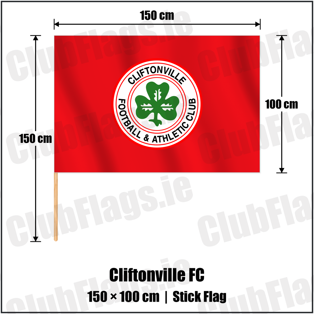 Cliftonville FC 100cm x 150cm Stick Flag with the club crest and colours, Antrim Football - ClubFlags.ie