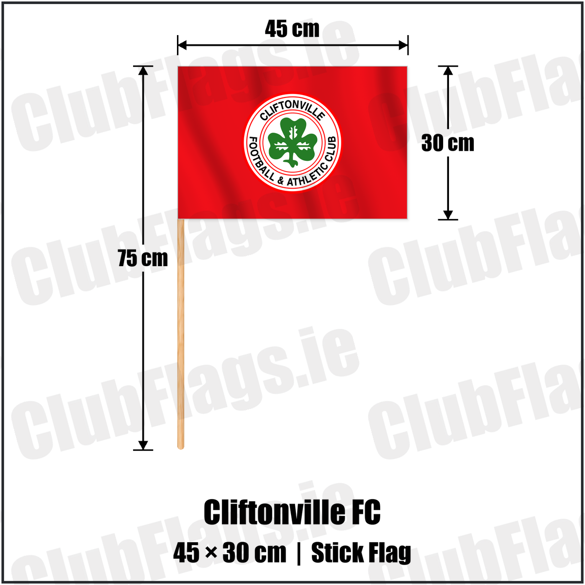 Cliftonville FC 30cm x 45cm Stick Flag with the club crest and colours, Antrim Football - ClubFlags.ie