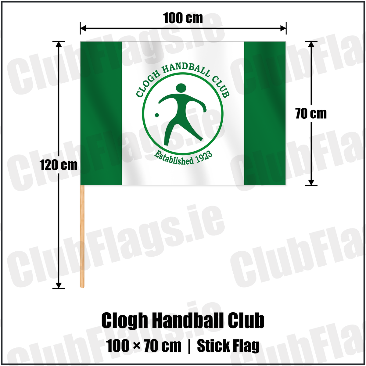 Clogh Handball Club 70cm x 100cm Stick Flag with the club crest and colours, Kilkenny GAA - ClubFlags.ie
