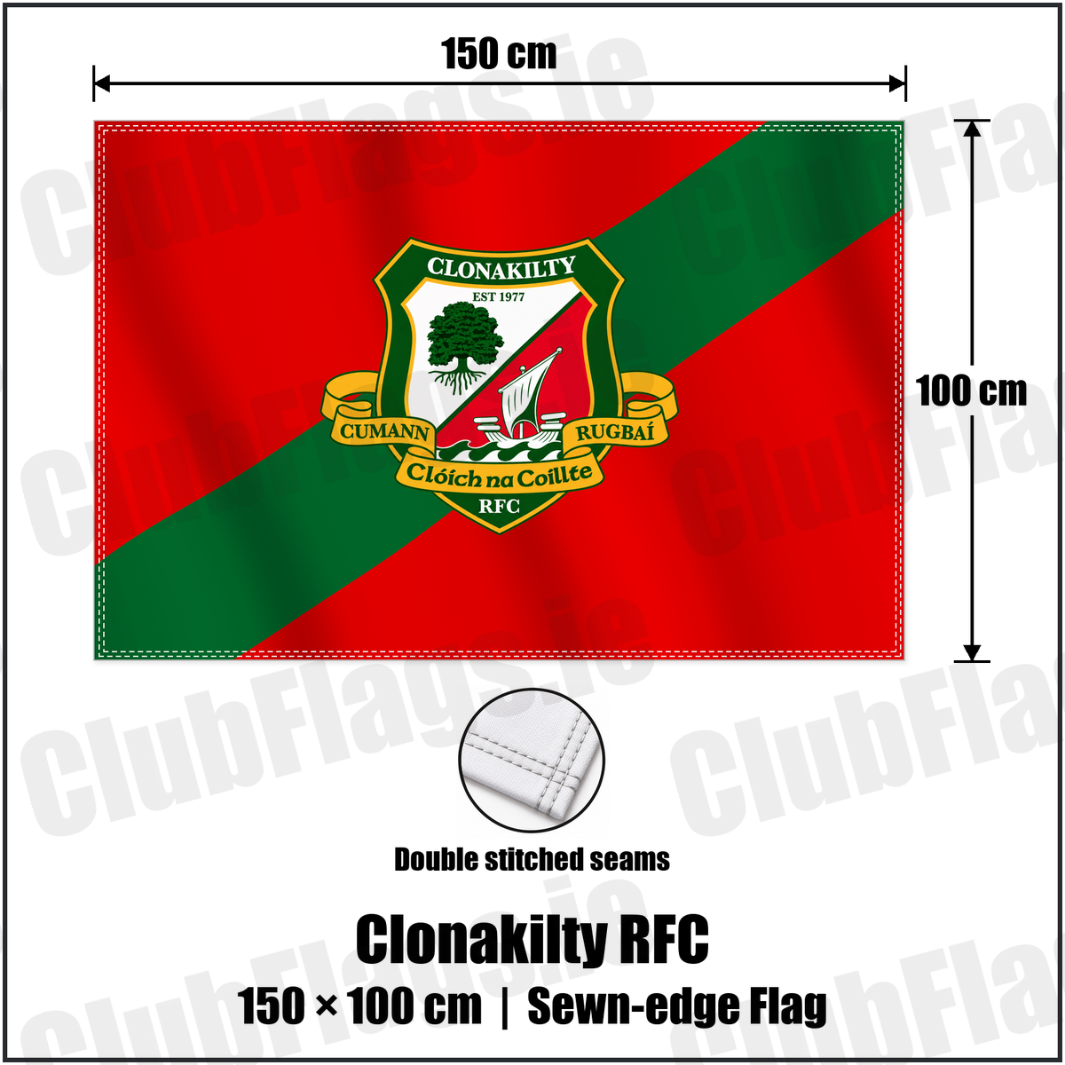 Clonakilty RFC 100cm x 150cm Flag (sewn on the edges) with the club crest and colours, Cork Rugby - ClubFlags.ie