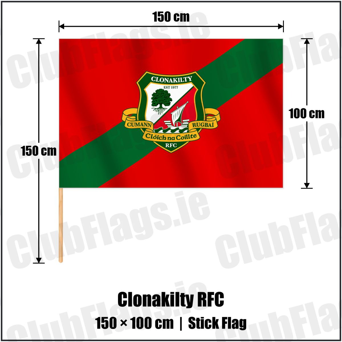Clonakilty RFC 100cm x 150cm Stick Flag with the club crest and colours, Cork Rugby - ClubFlags.ie