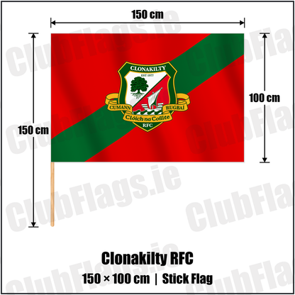 Clonakilty RFC 100cm x 150cm Stick Flag with the club crest and colours, Cork Rugby - ClubFlags.ie