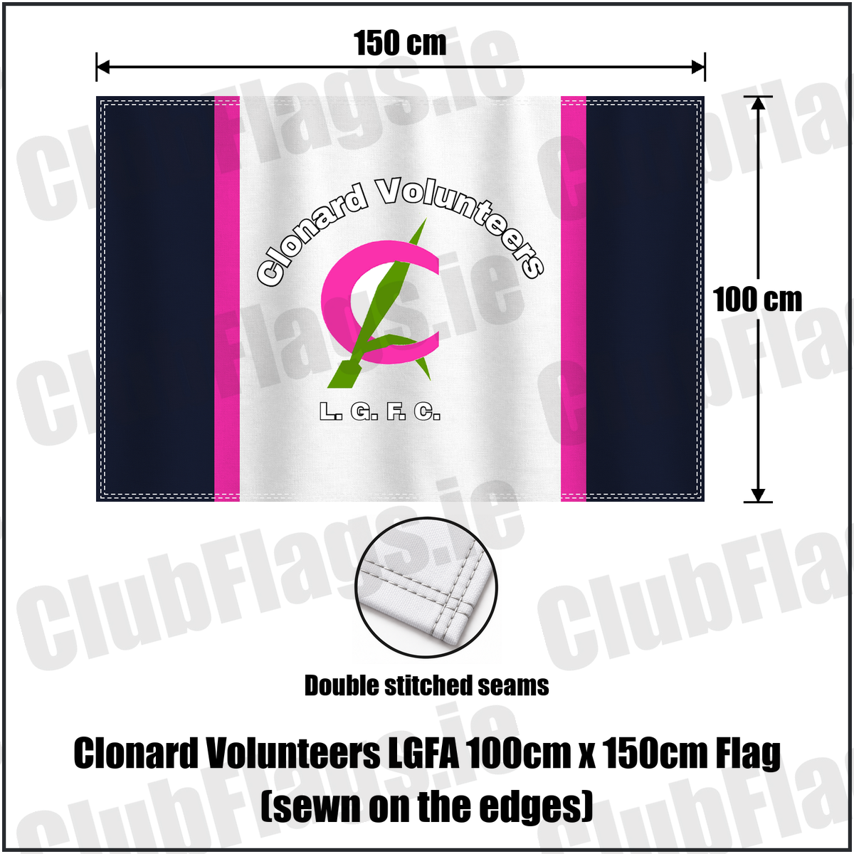 Clonard Volunteers LGFA 100cm x 150cm Flag (sewn on the edges), featuring the club crest and navy and pink and green and white colours; County Wexford ladies Gaelic football. ClubFlags.ie.