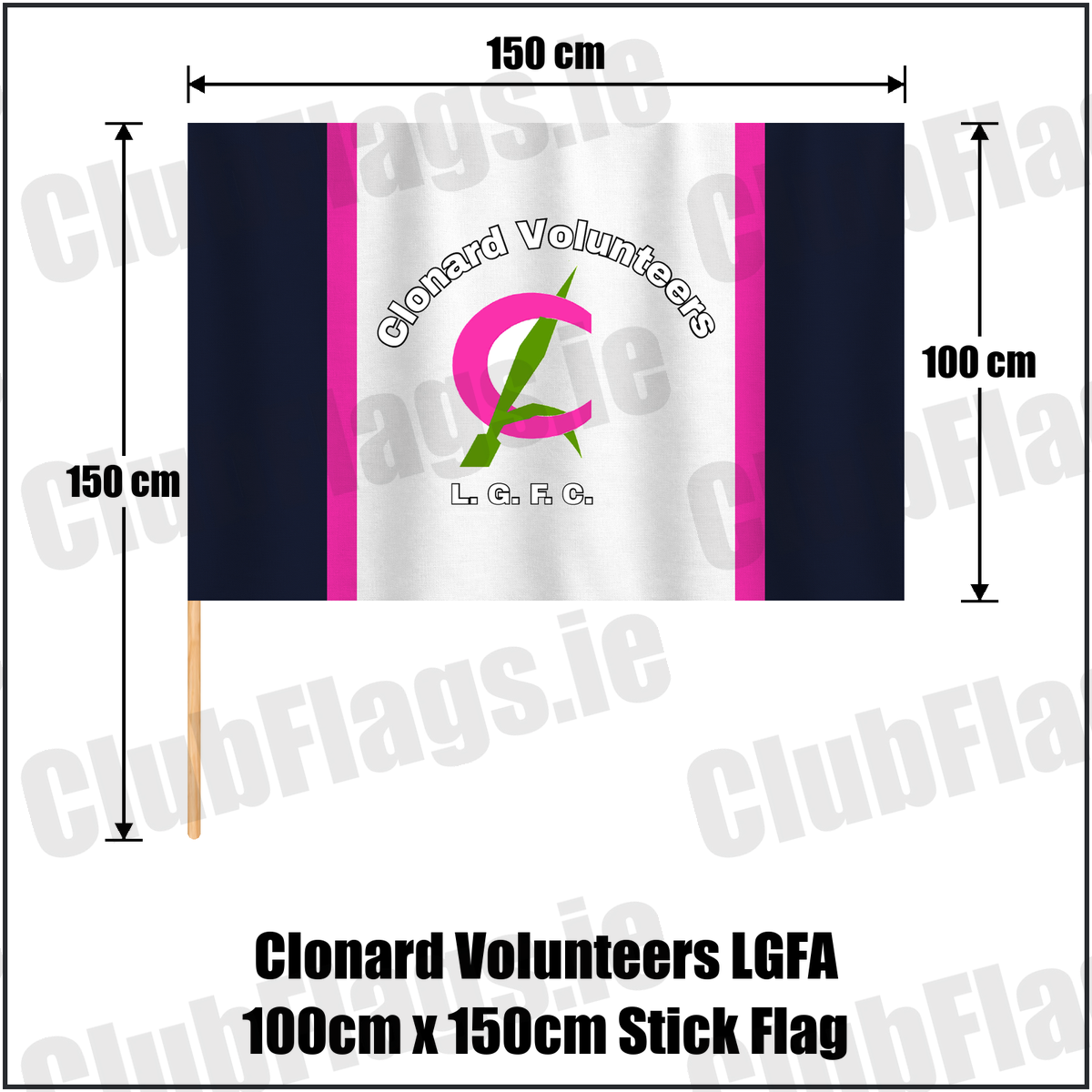 Clonard Volunteers LGFA 100cm x 150cm Stick Flag, featuring the club crest and navy and pink and green and white colours; County Wexford ladies Gaelic football. ClubFlags.ie.