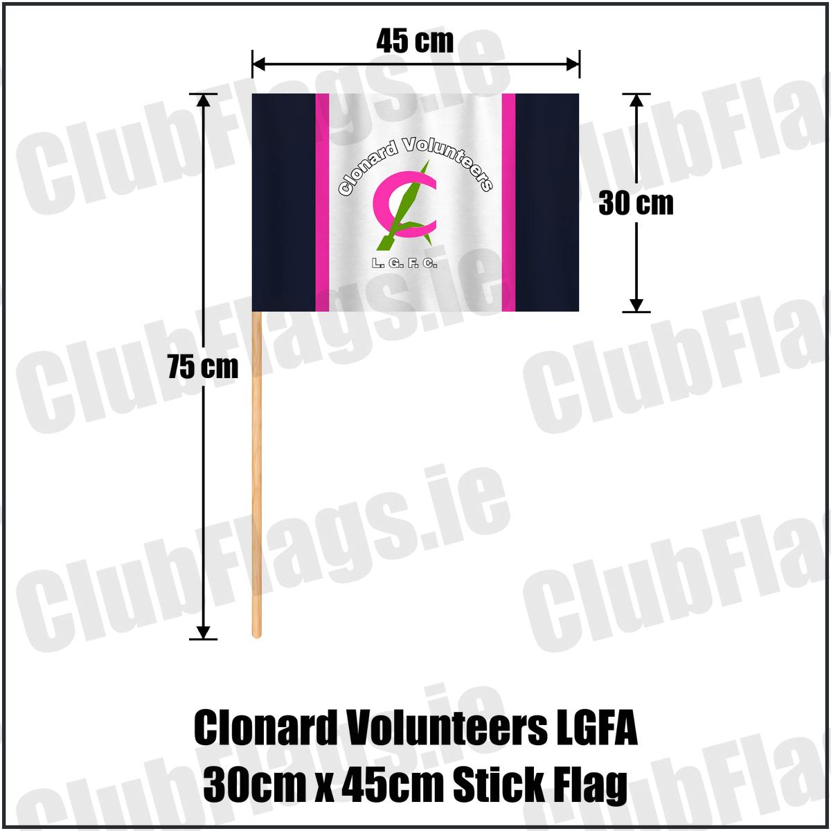 Clonard Volunteers LGFA 30cm x 45cm Stick Flag, featuring the club crest and navy and pink and green and white colours; County Wexford ladies Gaelic football. ClubFlags.ie.
