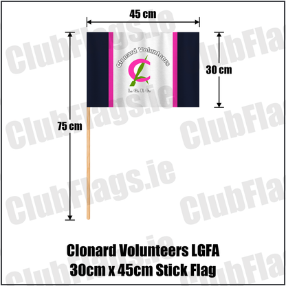 Clonard Volunteers LGFA 30cm x 45cm Stick Flag, featuring the club crest and navy and pink and green and white colours; County Wexford ladies Gaelic football. ClubFlags.ie.
