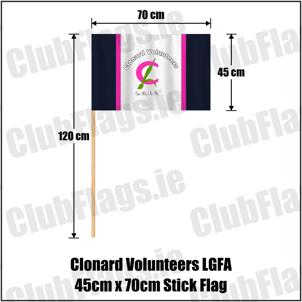 Clonard Volunteers LGFA 45cm x 70cm Stick Flag, featuring the club crest and navy and pink and green and white colours; County Wexford ladies Gaelic football. ClubFlags.ie.