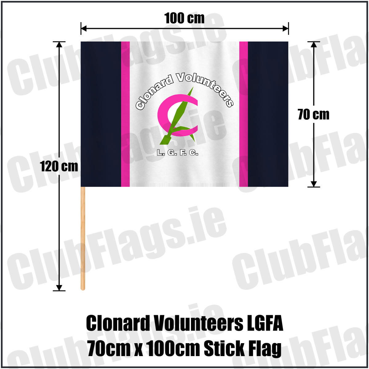 Clonard Volunteers LGFA 70cm x 100cm Stick Flag, featuring the club crest and navy and pink and green and white colours; County Wexford ladies Gaelic football. ClubFlags.ie.