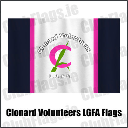 Clonard Volunteers LGFA Flags, featuring the club crest and navy and pink and green and white colours; County Wexford ladies Gaelic football. ClubFlags.ie.