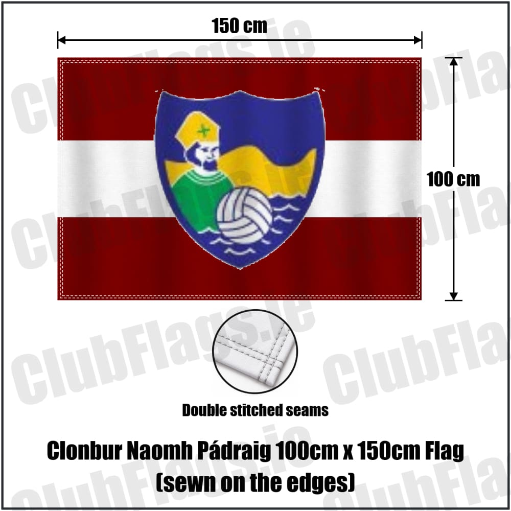 Clonbur Naomh Pádraig 100cm x 150cm Flag (sewn on the edges) in maroon and white, featuring the club crest on realistic fabric with gentle vertical folds; County Galway GAA. ClubFlags.ie.
