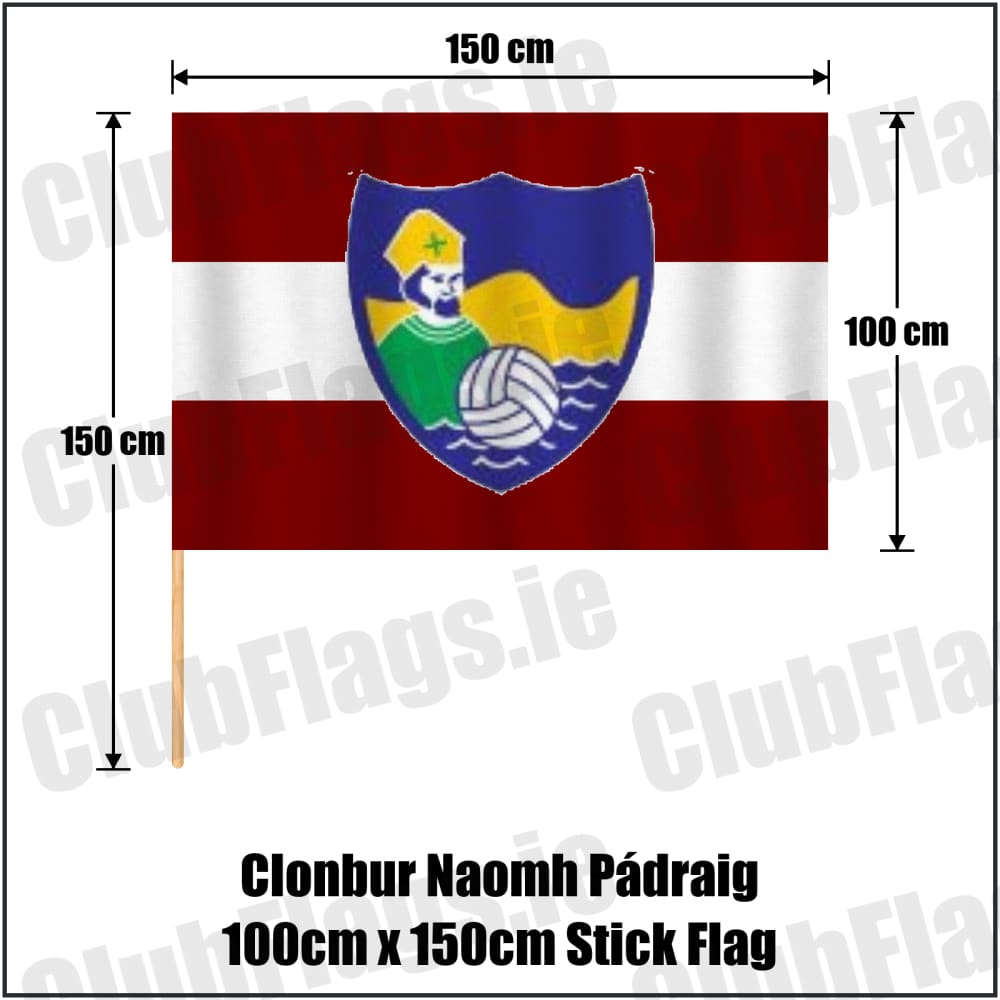 Clonbur Naomh Pádraig 100cm x 150cm Stick Flag in maroon and white, featuring the club crest on realistic fabric with gentle vertical folds; County Galway GAA. ClubFlags.ie.