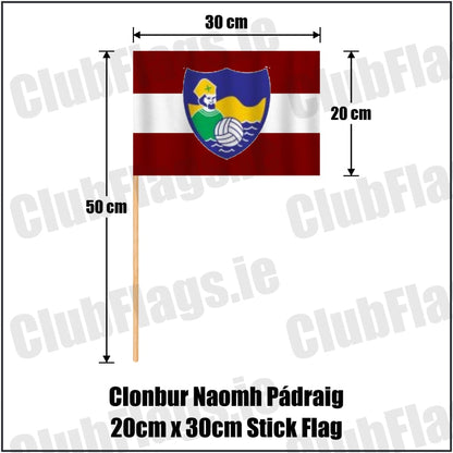 Clonbur Naomh Pádraig 20cm x 30cm Stick Flag in maroon and white, featuring the club crest on realistic fabric with gentle vertical folds; County Galway GAA. ClubFlags.ie.