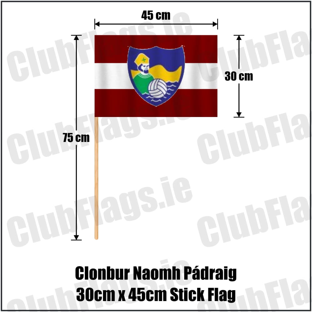 Clonbur Naomh Pádraig 30cm x 45cm Stick Flag in maroon and white, featuring the club crest on realistic fabric with gentle vertical folds; County Galway GAA. ClubFlags.ie.