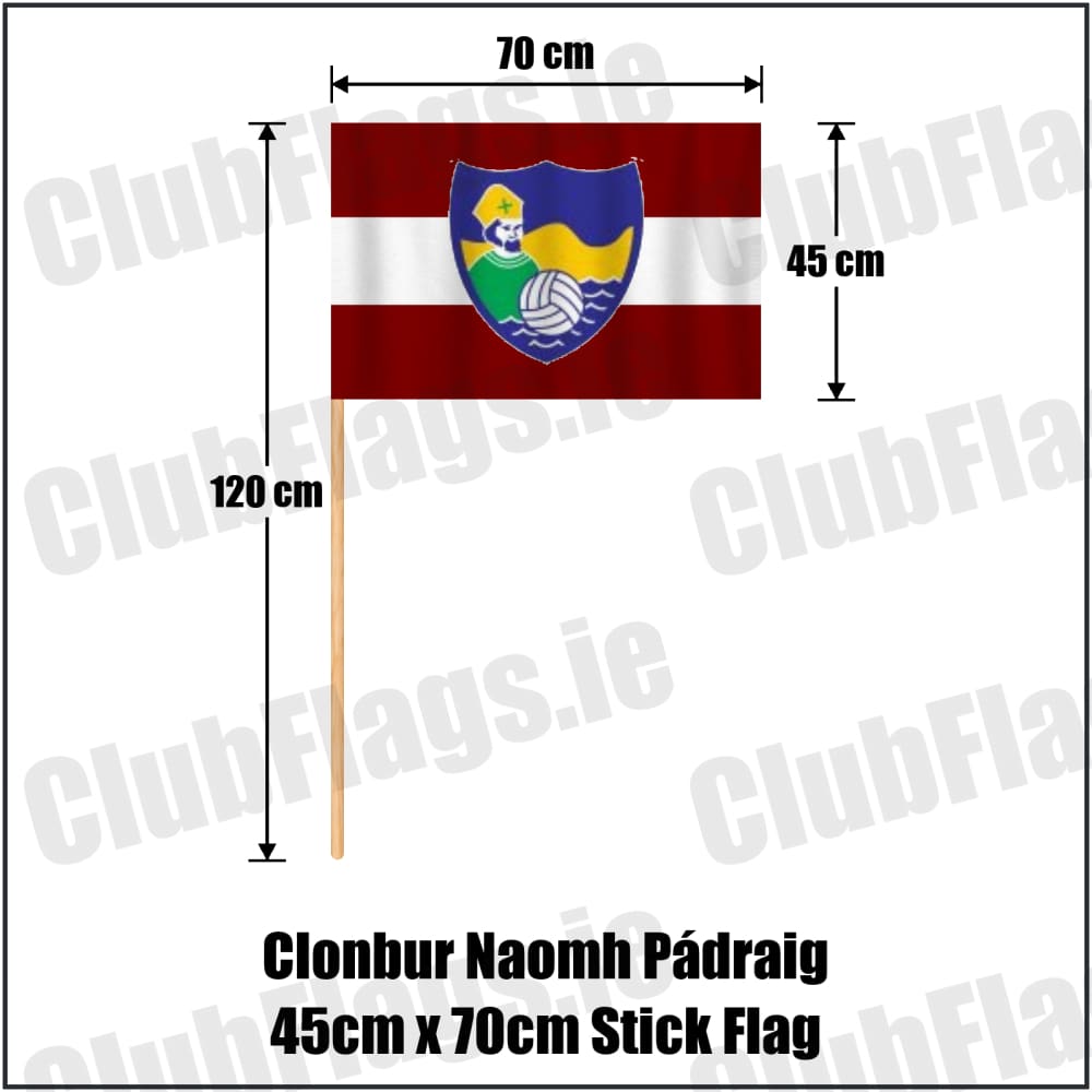 Clonbur Naomh Pádraig 45cm x 70cm Stick Flag in maroon and white, featuring the club crest on realistic fabric with gentle vertical folds; County Galway GAA. ClubFlags.ie.