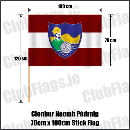 Clonbur Naomh Pádraig 70cm x 100cm Stick Flag in maroon and white, featuring the club crest on realistic fabric with gentle vertical folds; County Galway GAA. ClubFlags.ie.