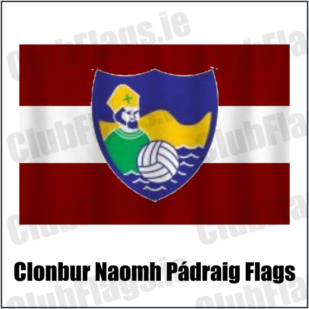Clonbur Naomh Pádraig Flags in maroon and white, featuring the club crest on realistic fabric with gentle vertical folds; County Galway GAA. ClubFlags.ie.