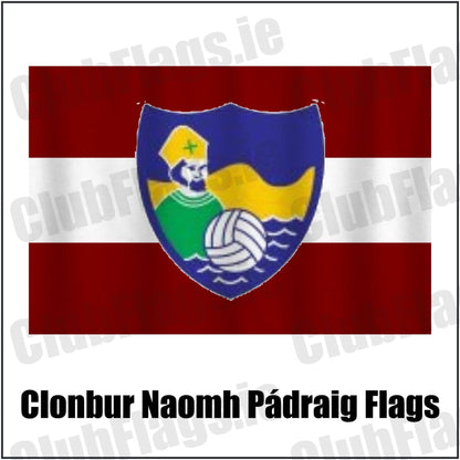 Clonbur Naomh Pádraig Flags in maroon and white, featuring the club crest on realistic fabric with gentle vertical folds; County Galway GAA. ClubFlags.ie.