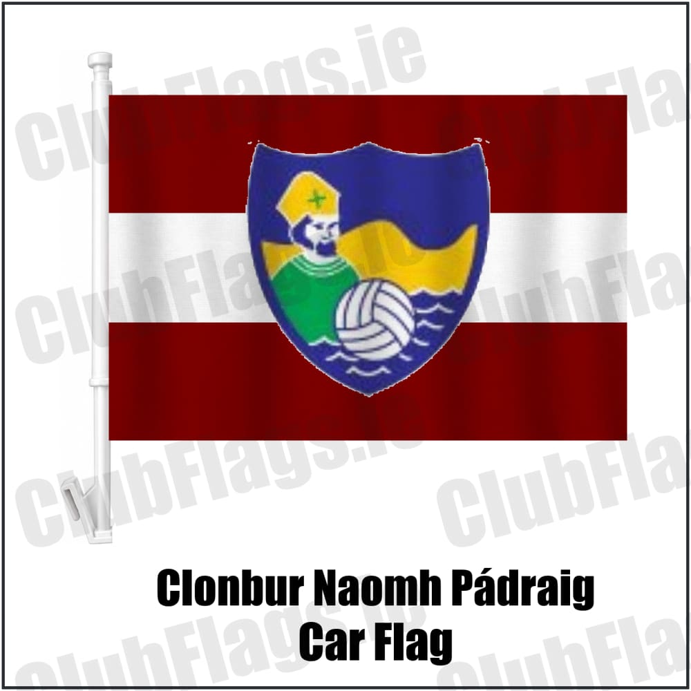 Clonbur Naomh Pádraig Car Flag in maroon and white, featuring the club crest on realistic fabric with gentle vertical folds; County Galway GAA. ClubFlags.ie.