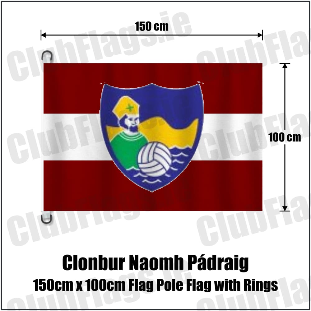 Clonbur Naomh Pádraig 150cm x 100cm Flag Pole Flag with Rings in maroon and white, featuring the club crest on realistic fabric with gentle vertical folds; County Galway GAA. ClubFlags.ie.