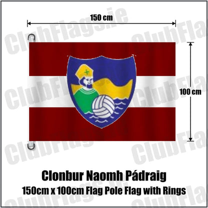 Clonbur Naomh Pádraig 150cm x 100cm Flag Pole Flag with Rings in maroon and white, featuring the club crest on realistic fabric with gentle vertical folds; County Galway GAA. ClubFlags.ie.