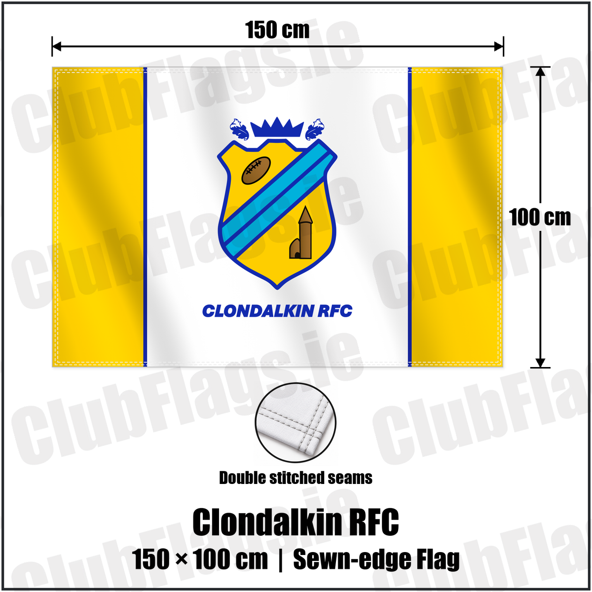 Clondalkin RFC 100cm x 150cm Flag (sewn on the edges) with the club crest and colours, Dublin Rugby - ClubFlags.ie