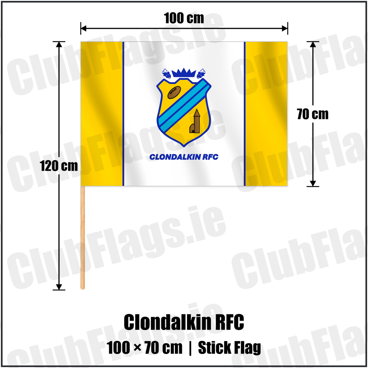 Clondalkin RFC 70cm x 100cm Stick Flag with the club crest and colours, Dublin Rugby - ClubFlags.ie