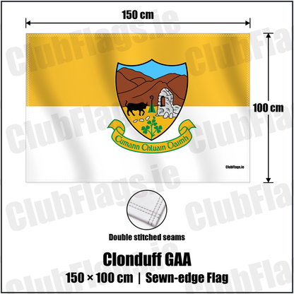 Clonduff GAA 100cm x 150cm Flag (sewn on the edges) with the verified club crest and colours, Down GAA - ClubFlags.ie