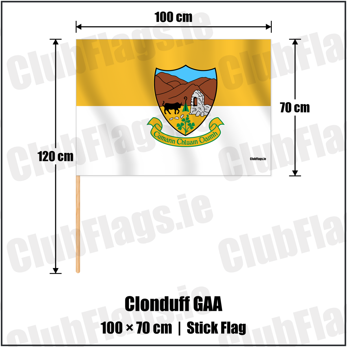 Clonduff GAA 70cm x 100cm Stick Flag with the verified club crest and colours, Down GAA - ClubFlags.ie