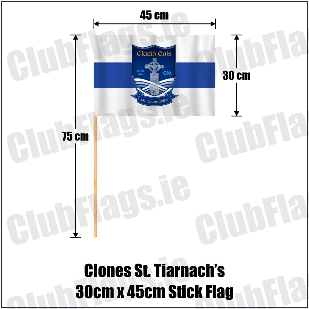 Clones St. Tiarnach’s 30cm x 45cm Stick Flag in white and royal blue, featuring the club crest on realistic fabric with gentle vertical folds; County Monaghan GAA. ClubFlags.ie.
