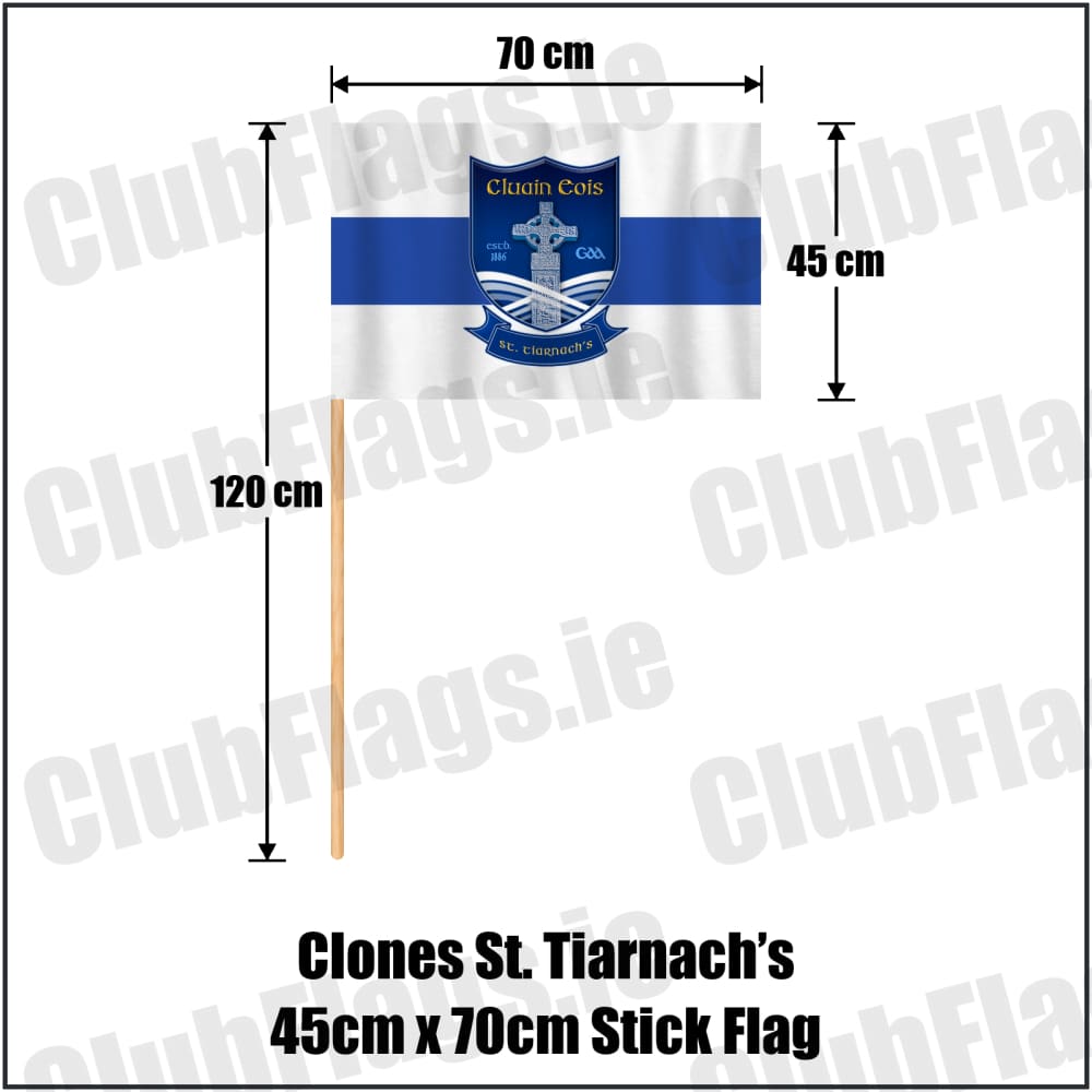 Clones St. Tiarnach’s 45cm x 70cm Stick Flag in white and royal blue, featuring the club crest on realistic fabric with gentle vertical folds; County Monaghan GAA. ClubFlags.ie.
