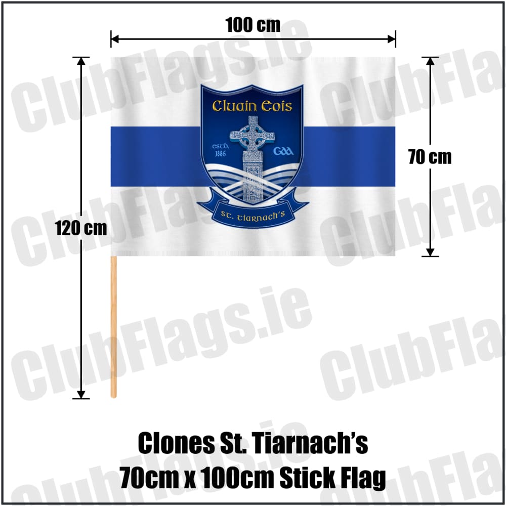 Clones St. Tiarnach’s 70cm x 100cm Stick Flag in white and royal blue, featuring the club crest on realistic fabric with gentle vertical folds; County Monaghan GAA. ClubFlags.ie.