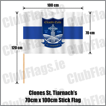 Clones St. Tiarnach’s 70cm x 100cm Stick Flag in white and royal blue, featuring the club crest on realistic fabric with gentle vertical folds; County Monaghan GAA. ClubFlags.ie.