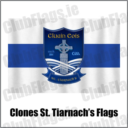 Clones St. Tiarnach’s Flags in white and royal blue, featuring the club crest on realistic fabric with gentle vertical folds; County Monaghan GAA. ClubFlags.ie.
