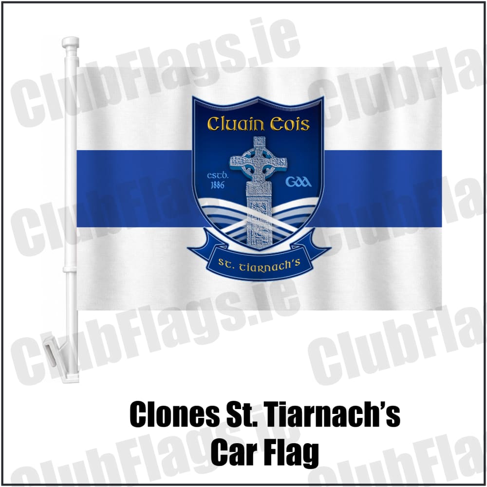 Clones St. Tiarnach’s Car Flag in white and royal blue, featuring the club crest on realistic fabric with gentle vertical folds; County Monaghan GAA. ClubFlags.ie.