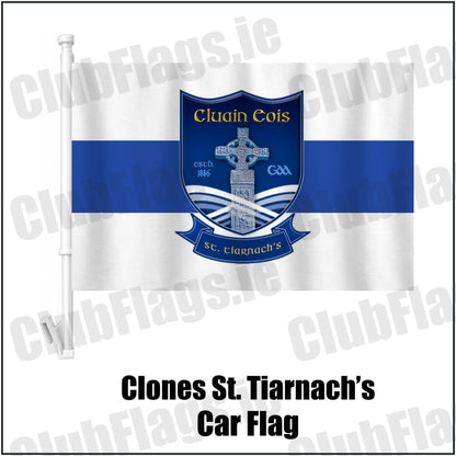 Clones St. Tiarnach’s Car Flag in white and royal blue, featuring the club crest on realistic fabric with gentle vertical folds; County Monaghan GAA. ClubFlags.ie.