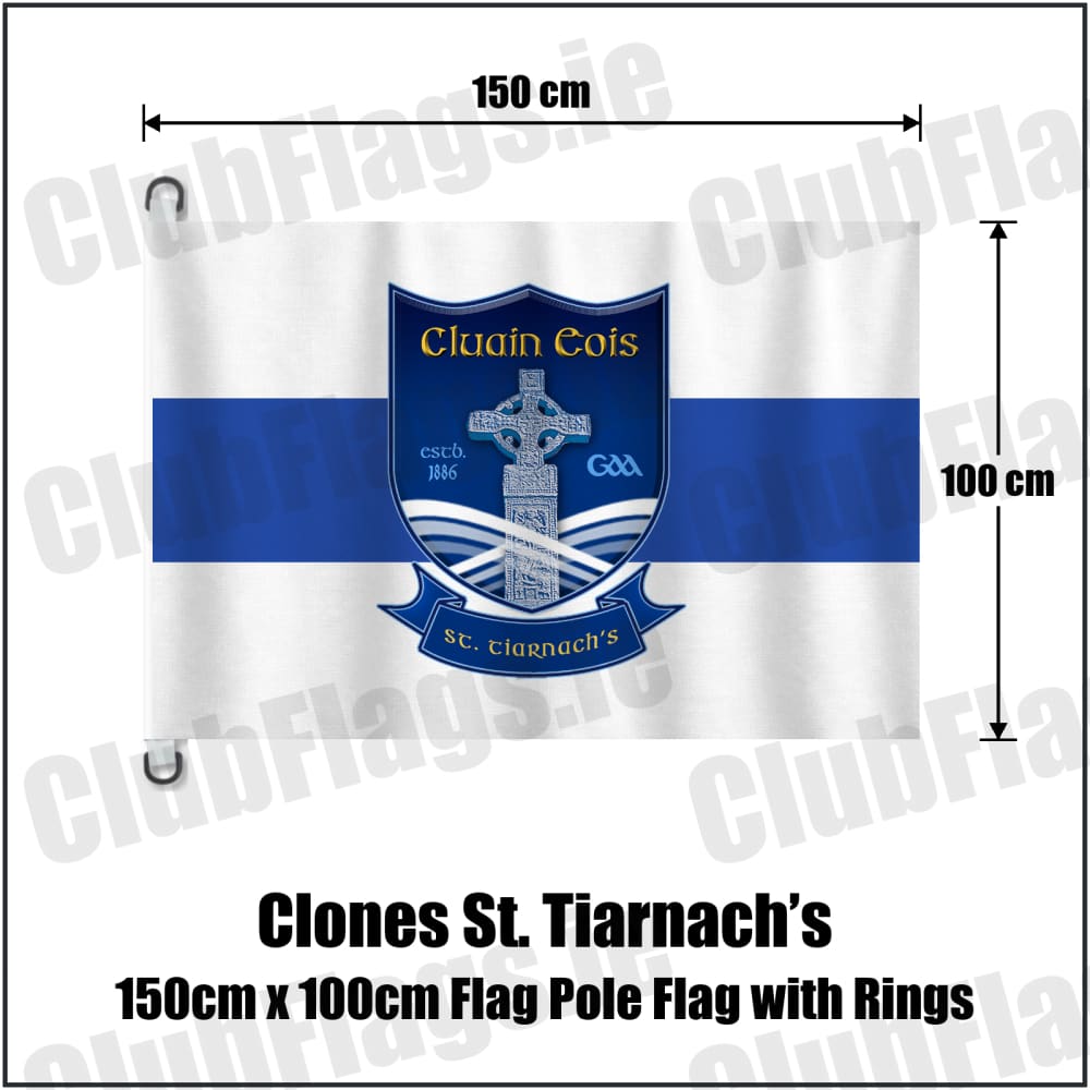 Clones St. Tiarnach’s 150cm x 100cm Flag Pole Flag with Rings in white and royal blue, featuring the club crest on realistic fabric with gentle vertical folds; County Monaghan GAA. ClubFlags.ie.