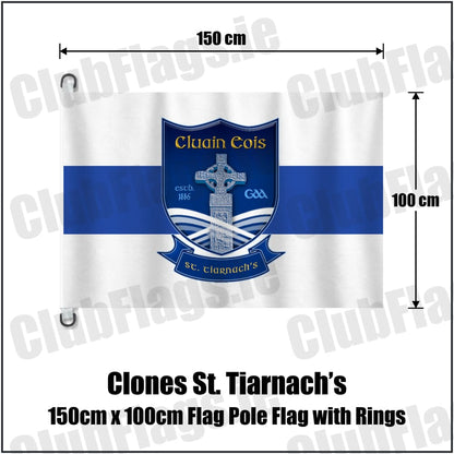 Clones St. Tiarnach’s 150cm x 100cm Flag Pole Flag with Rings in white and royal blue, featuring the club crest on realistic fabric with gentle vertical folds; County Monaghan GAA. ClubFlags.ie.