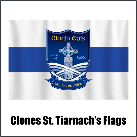 Clones St. Tiarnach’s Flags, featuring the club crest and white and royal blue colours; County Monaghan GAA. ClubFlags.ie.