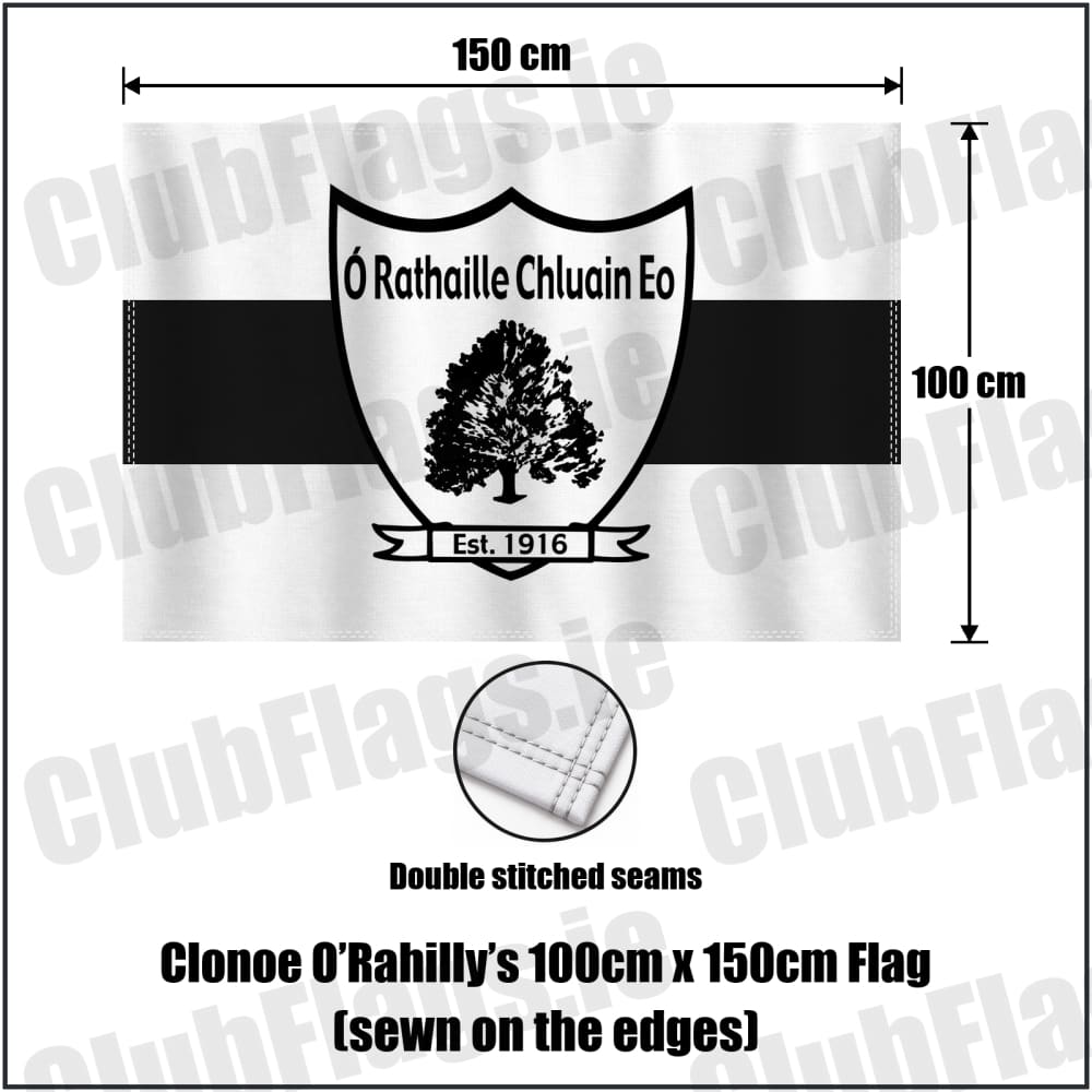 Clonoe O’Rahilly’s 100cm x 150cm Flag (sewn on the edges) in white and black, featuring the club crest on realistic fabric with gentle vertical folds; County Tyrone GAA. ClubFlags.ie.