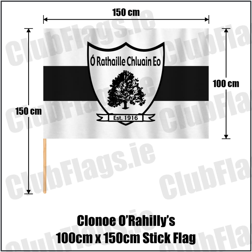 Clonoe O’Rahilly’s 100cm x 150cm Stick Flag in white and black, featuring the club crest on realistic fabric with gentle vertical folds; County Tyrone GAA. ClubFlags.ie.