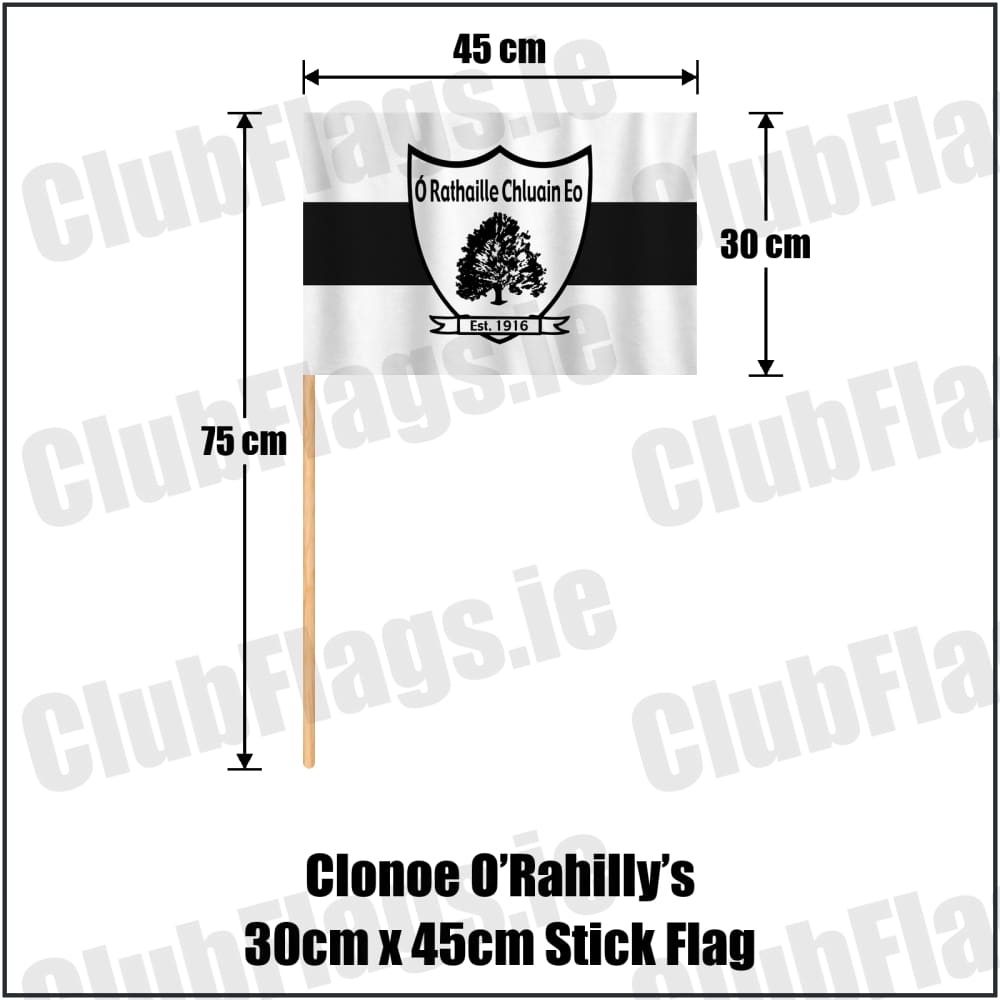 Clonoe O’Rahilly’s 30cm x 45cm Stick Flag in white and black, featuring the club crest on realistic fabric with gentle vertical folds; County Tyrone GAA. ClubFlags.ie.