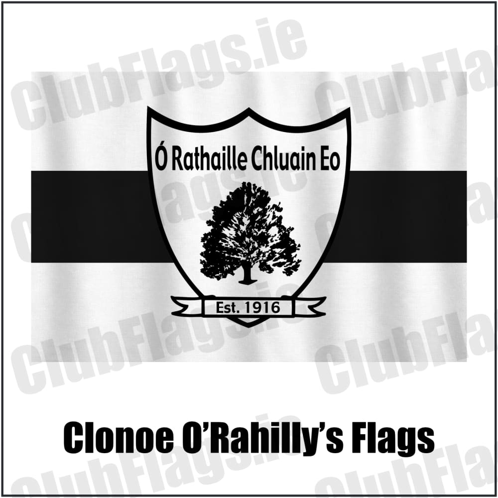 Clonoe O’Rahilly’s Flags in white and black, featuring the club crest on realistic fabric with gentle vertical folds; County Tyrone GAA. ClubFlags.ie.